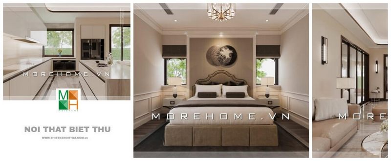 Mẫu giường ngủ tân cổ điển màu sắc trung tính dễ chịu tạo cảm giác trong lành và sang trọng.