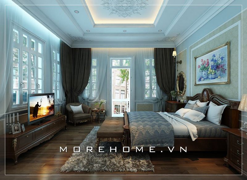 Nội thất phòng ngủ biệt thự tân cổ điển với nét đẹp nhẹ nhàng, các chi tiết phào chỉ  thanh mảnh trên trần - tường, chất liệu nội thất gỗ óc chó đóng vai trò chủ đạo mang lại cảm giác chắc chắn và sang trọng hơn cả