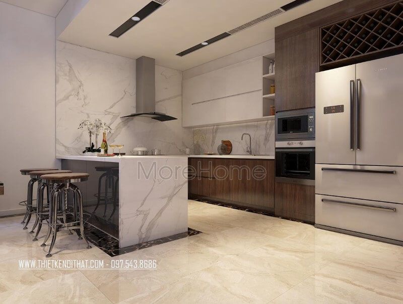 Mẫu tủ bếp treo gỗ công nghiệp được thiết kế với nhiều ngăn đựng màu trắng hiện đại cho phòng bếp nhà phốchung cư
