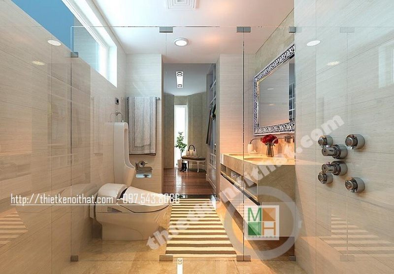 Nội thất phòng tắm hiện đại với các vật liệu từ đá, kính mang lại sự thoáng mát, rộng rãi