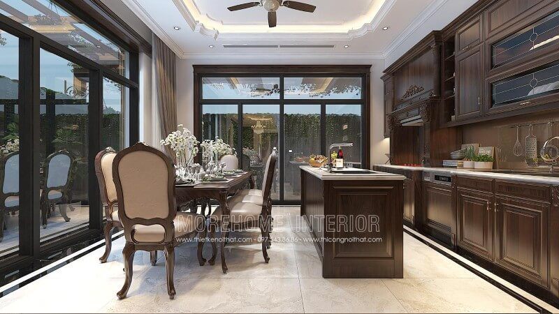 Tủ bếp gỗ tự nhiên cao cấp với tone màu nâu tạo nên căn bếp ấm áp hơn, cuốn hút bất kì một ánh mắt nào