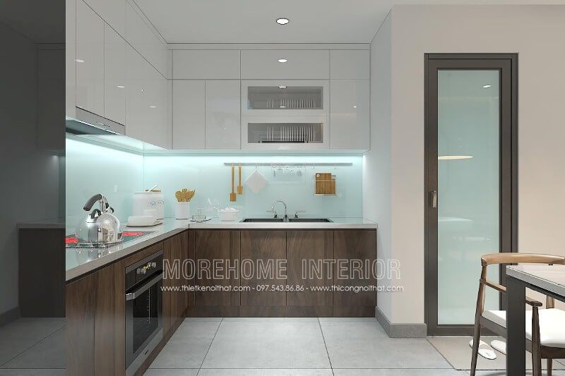 Tủ bếp hiện đại gỗ công nghiệp với sự kết hợp hài hòa của 2 gam màu nâu trầm và trắng tinh tế mang lại sự cuốn hút khó có thể rời mắt