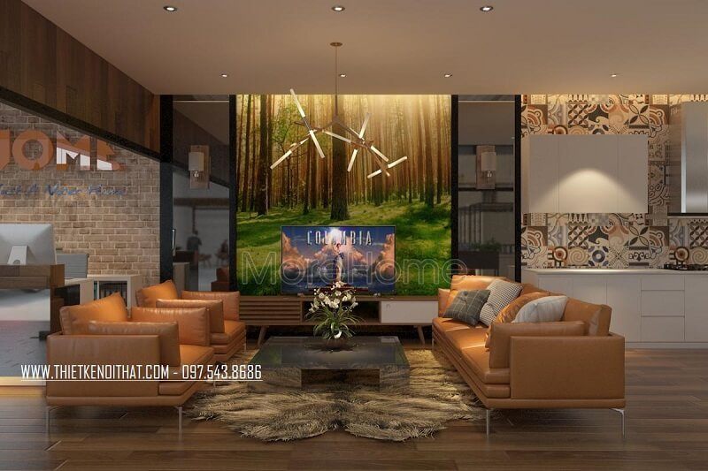 Mẫu sofa da màu cam cao cấp tạo điểm nhấn nổi batah cho khu vực tiếp khách tại showroom nội thất JANHOME