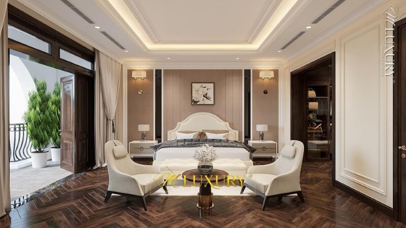 Giường ngủ tân cổ điển mang lại sự sang trọng và đẹp mắt cho không gian biệt thự cao cấp.