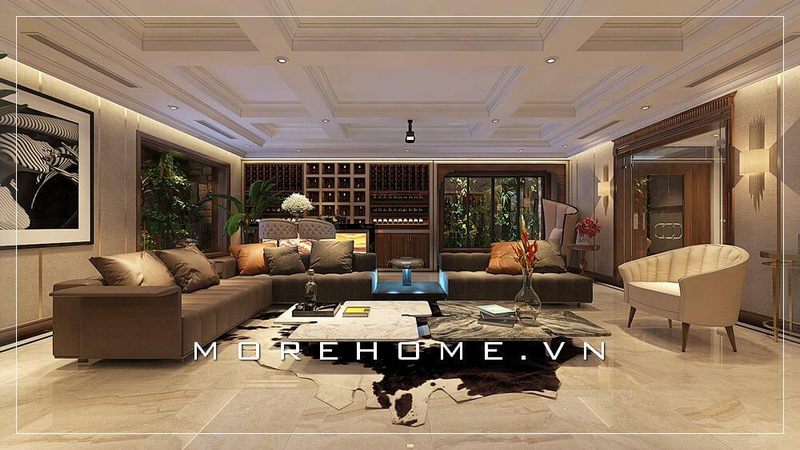 Bộ sofa bọc da màu nâu trầm kết hợp với sofa bọc vải màu xám cao cấp thiết kế tạo hình chữ U sang trọng tiện nghi là trung tâm điểm nhấn của phòng khách biệt thự, nhà phố.